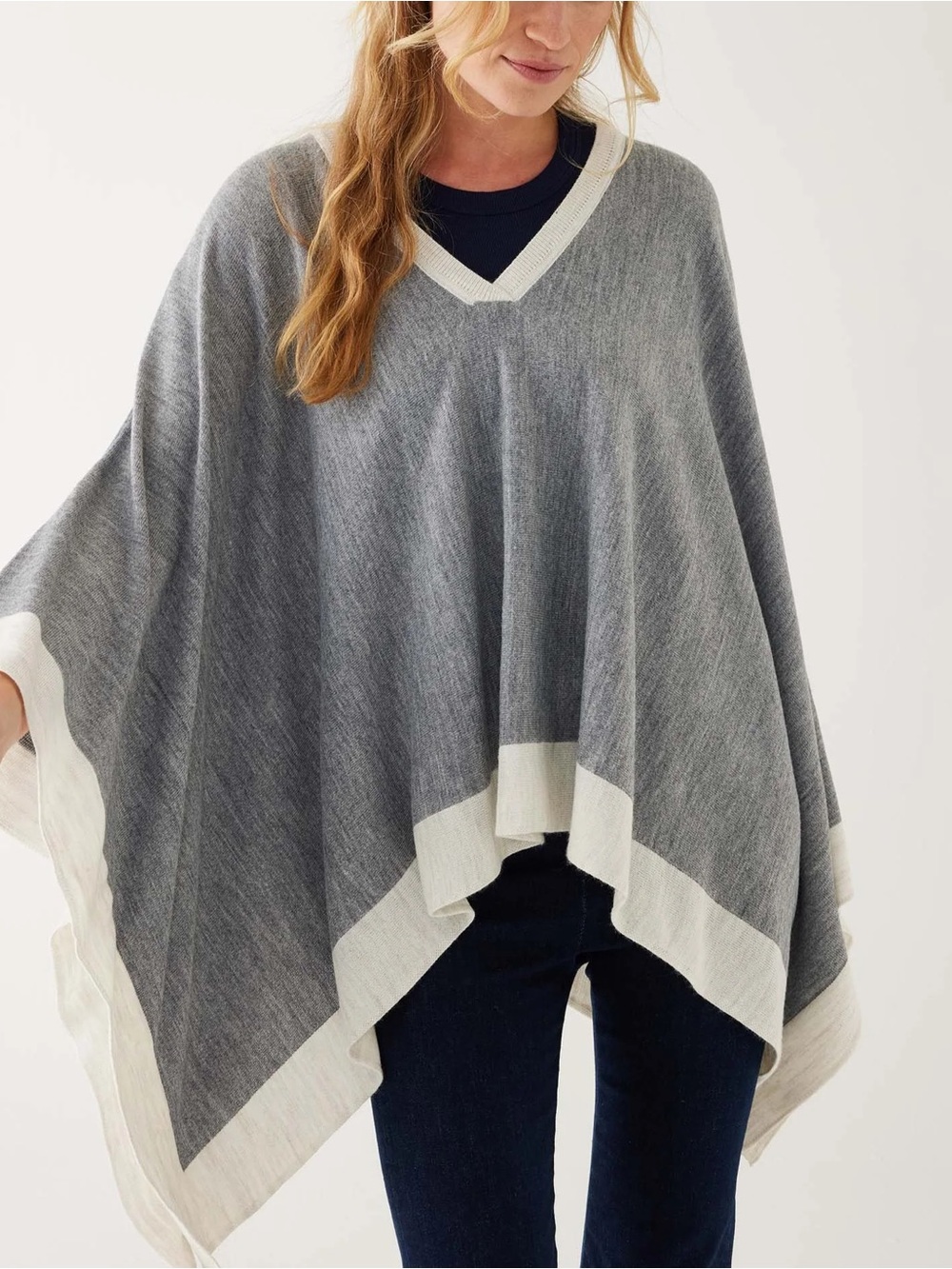 Mersea Women's V-Neck Two-Tone Gray & Cream Knit Poncho Sweater